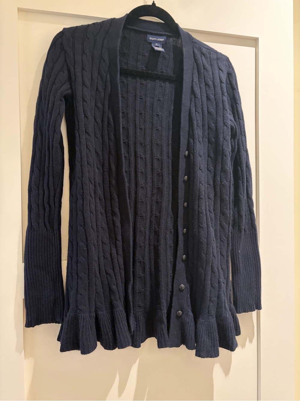 Ralph Lauren XL kids cable knit ruffle button-down sweater with ruffle hem